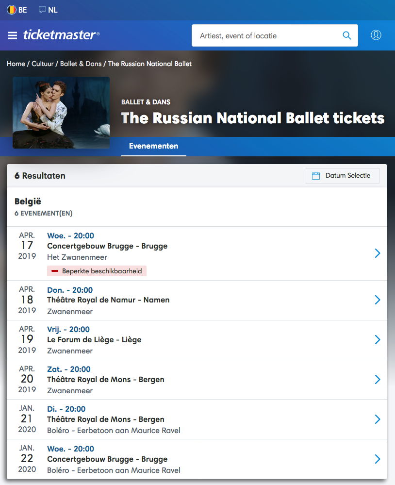 Programme. ticketmaster. The Russian National Ballet tickets. 2019-04-17